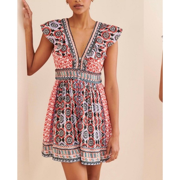 Anthropologie Dresses & Skirts - Anthropologie Embroidered Beaded Flutter Sleeve Mini Dress Pink Geometric 16